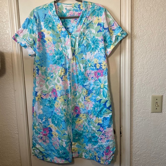 Miss Elaine Dresses & Skirts - Miss Elaine Floral Print Zip Front Lounger Robe‎ Womens Large Blue Green Pink